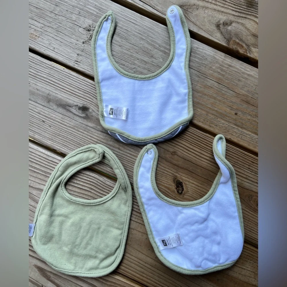 3 Dinosaur Snap Infant Baby Bib Trio Olive and Gray